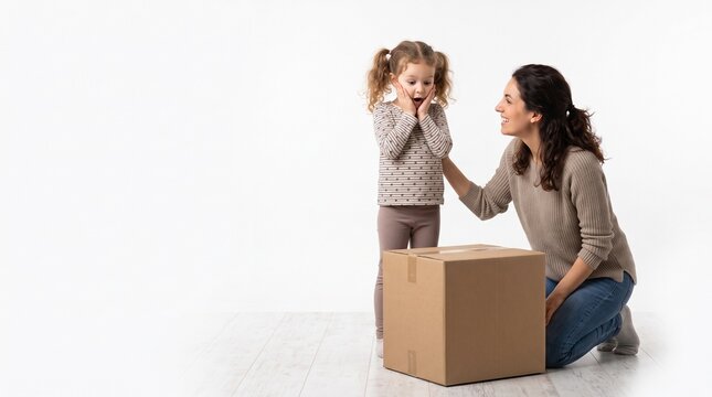Surprised little girl reacts to a surprise gift box presented by her mother