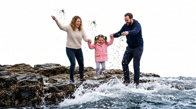 Joyful Family Celebrates with Confetti by the Ocean Waves