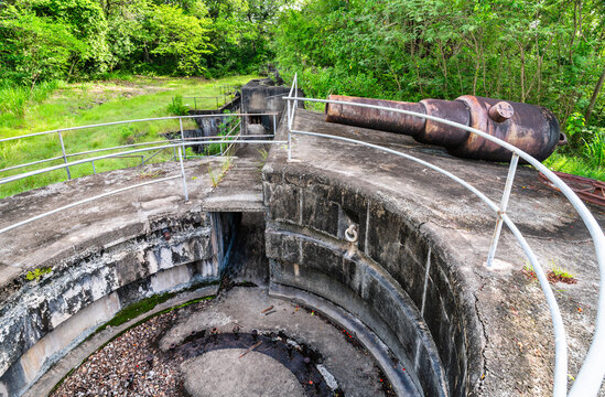 Historic concrete gun emplacement and rusty cannon at the La Toc Battery in Castries, Saint Lucia, the Caribbean