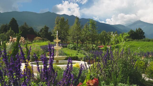 Fountain in lush mountain garden with flowers