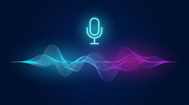 Digital microphone icon with vibrant neon sound wave visualization on dark background