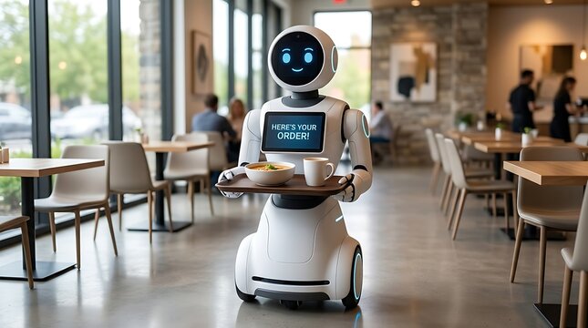 Modern service robot delivering food order in a contemporary restaurant with happy face display