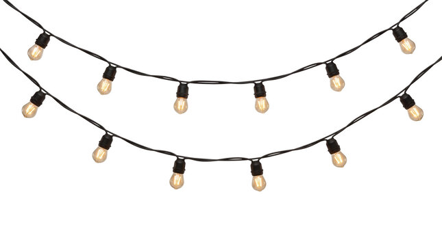 Vintage string lights on white background, hanging edison bulb garland for party decor, glowing decorative fairy lights