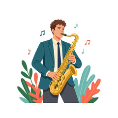 Fototapeta premium A young man dressed in a business suit playing the saxophone while surrounded by lush foliage as musical notes float through the air to symbolize the joy of learning a wind instrument for melody