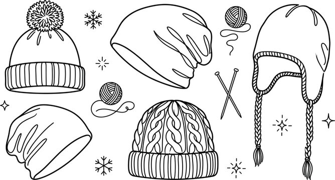 Winter hat vector illustration set with beanie pompom ushanka knitting yarn needles snowflakes stars outline coloring page