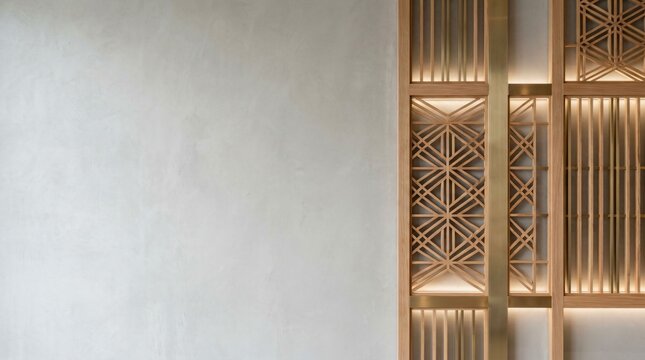 Modern minimalist interior background with illuminated geometric kumiko wood lattice panel on concrete wall
