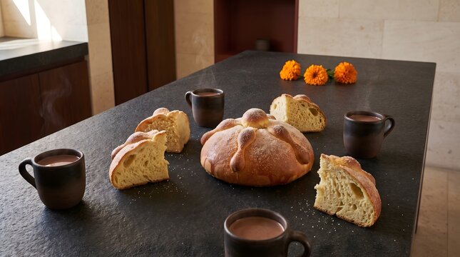 Pan de muerto sweet bread photo. Traditional Mexican pastry with sugar crust. Slices of loaf arranged on dark stone table. Hot chocolate cups and orange marigold flowers. Cultural holiday feast