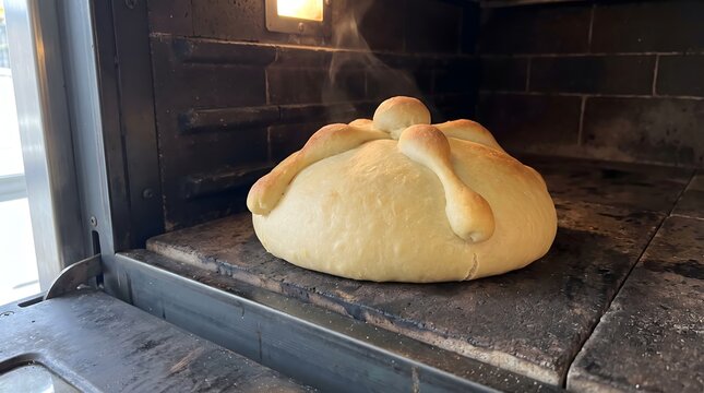 Pan de muerto baking in brick oven. Traditional Mexican sweet bread for Day of the Dead celebration. Golden brown crust with bone-shaped dough decorations and rising steam. Freshly baked pastry