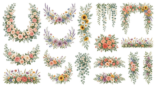 Watercolor floral arrangements set, rustic wildflower bouquets and wreaths, pastel garden flower borders for wedding invitations