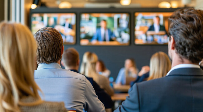 Business people in conference room watching video presentation on multiple wall screens