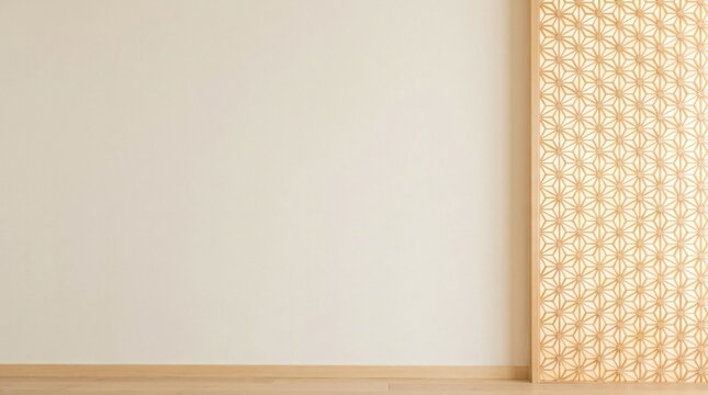 Modern interior background with illuminated geometric asanoha kumiko wood lattice panel on white wall