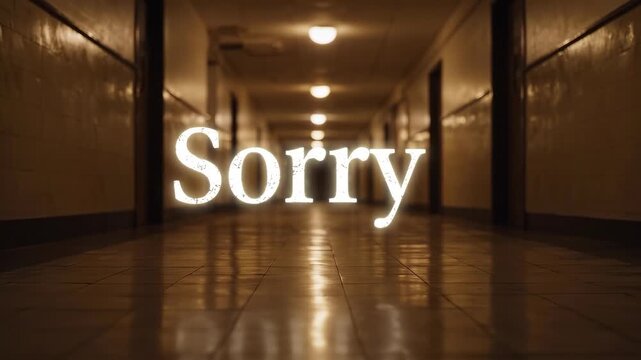 The word "Sorry" glowing in a long, dimly lit, empty hallway with a vintage or institutional aesthetic, evoking a somber and mysterious atmosphere.