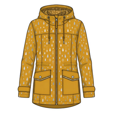 Yellow Hooded Raincoat with Silver Raindrop Pattern Illustration