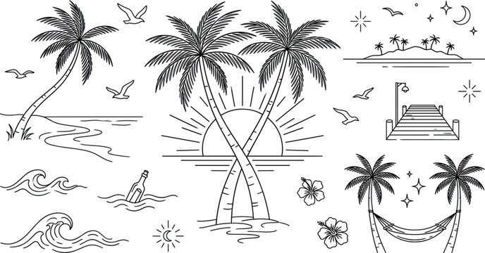 Tropical beach paradise vector doodle illustration set featuring palm trees sunset waves island pier hammock and message bottle