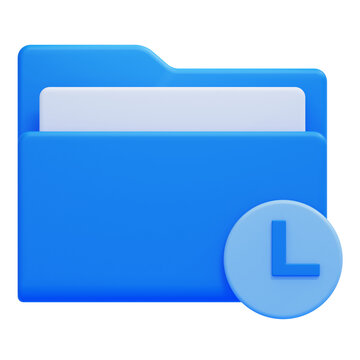 3D blue digital folder icon featuring a document and a clock symbol representing file history or scheduled tasks for organization