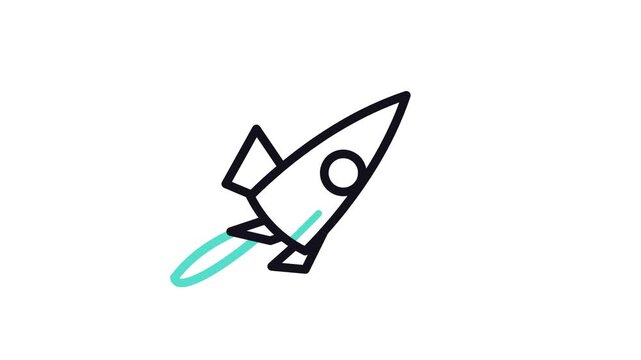 Minimalist line art animation of a rocket ship flying high on a white background