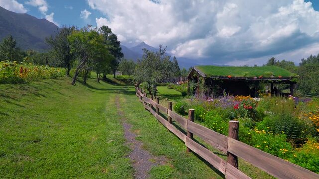Dirt Path Lined with Wooden Fence in Country Garden