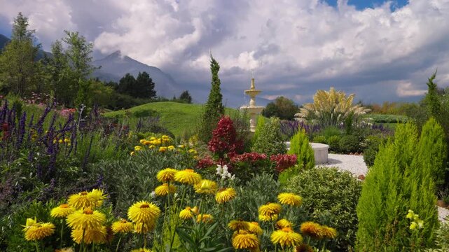Colorful garden with yellow and red flowers