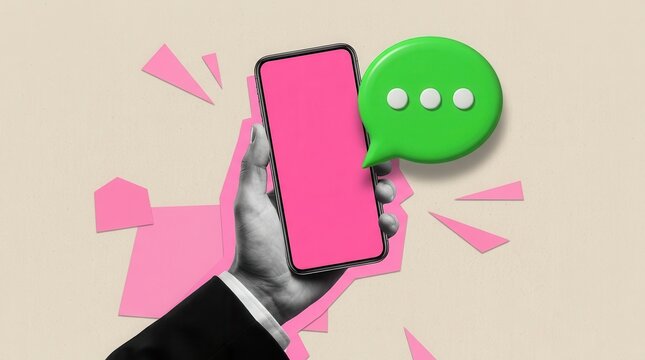 Composite sketch design featuring a hand with a sleeve holding a mobile phone and a green speech cloud.