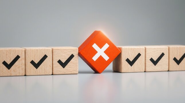 A row of wooden blocks with check marks is interrupted by a red cross symbol for failed verification.