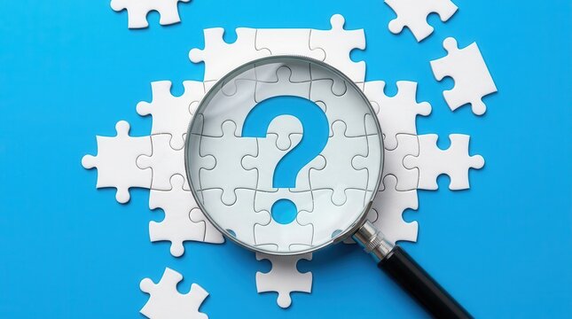 Problem solving concept featuring a magnifying glass over white puzzle pieces and a question mark.