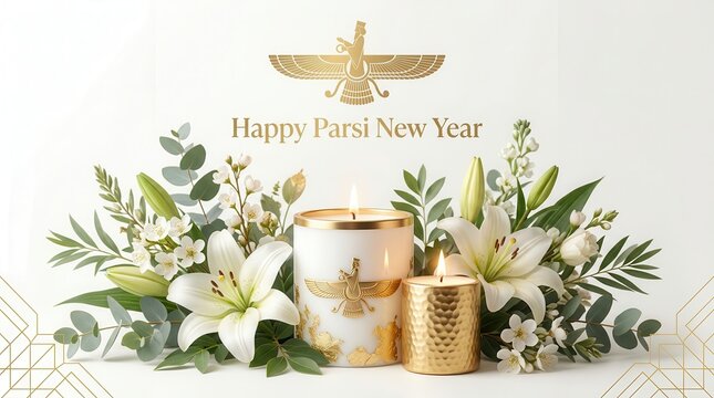 Festive Parsi New Year celebration background featuring golden Faravahar symbol and floral elements.