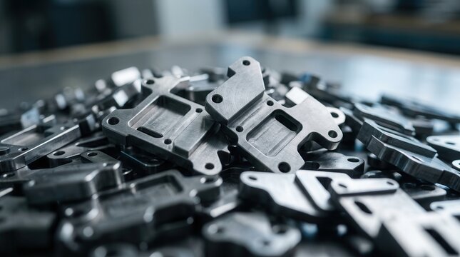 Close-up view of industrial metal parts featuring cutouts and different sizes.