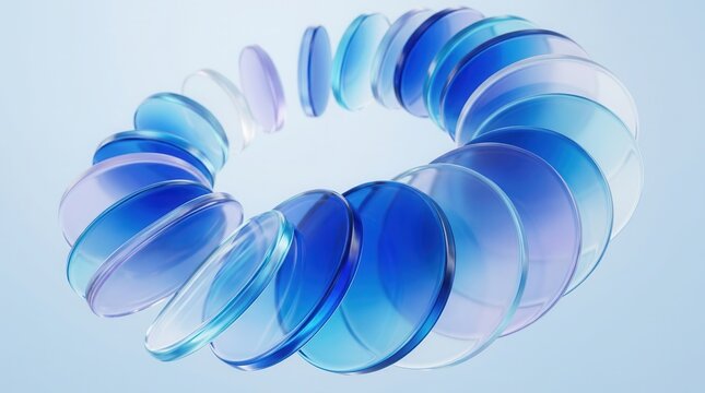 Curved spiral of floating blue glass discs with gradient transparency on a light background.