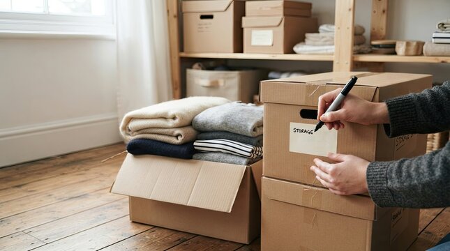 Hands labeling a storage box with clothes for home organization or moving