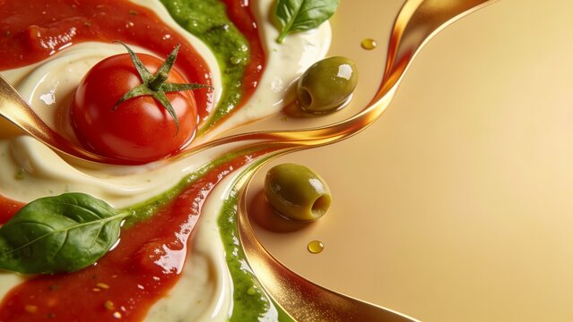 Tomato, pesto and creamy dip with olive and basil &mdash; gourmet Mediterranean appetizer background