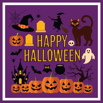 Festive holiday greeting card with various spooky icons including pumpkins ghosts bats and haunted castle on purple