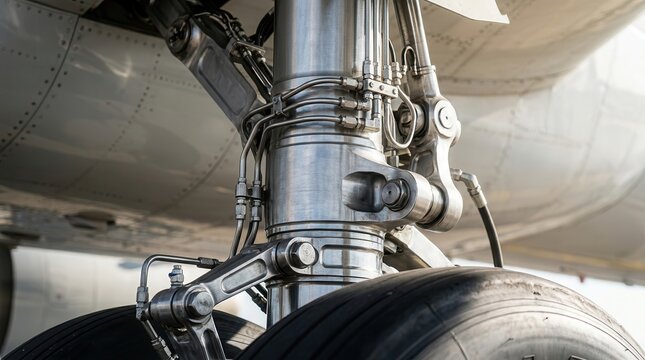 Aviation engineering detail showing a metallic aircraft wheel strut assembly and hydraulic system.