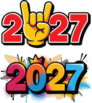 Two different creative designs for the year twenty twenty seven including a rock hand sign and graffiti