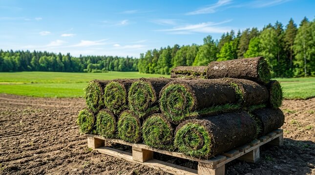 Top view of freshly harvested grass turf rolls stacked on a pallet for landscaping.