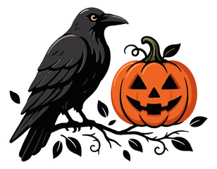 Fototapeta premium Black crow perched on branch with carved pumpkin during spooky autumn night vector illustration