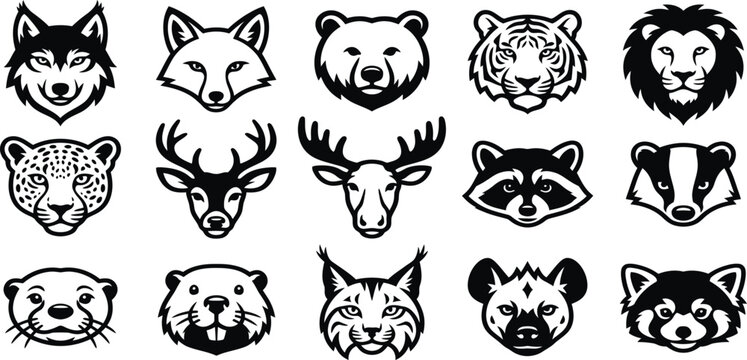 Wild animal heads and faces vector silhouettes set