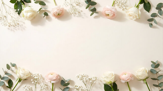 Top and bottom floral border with white roses, pink ranunculus, and eucalyptus leaves