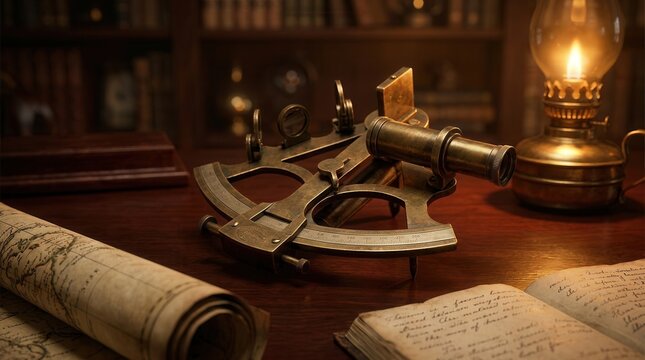 Vintage brass sextant navigation tool on a dark wooden desk near an old map and oil lamp.