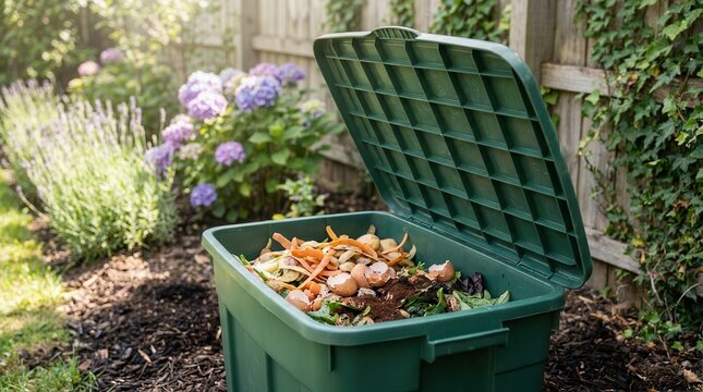 Domestic composting box containing vegetable scraps and organic waste in a backyard garden.