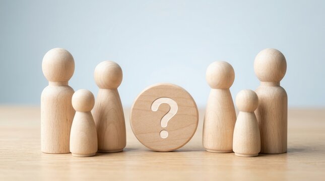 Small wooden human figurines stand around a question mark representing family decisions and relationship choices.