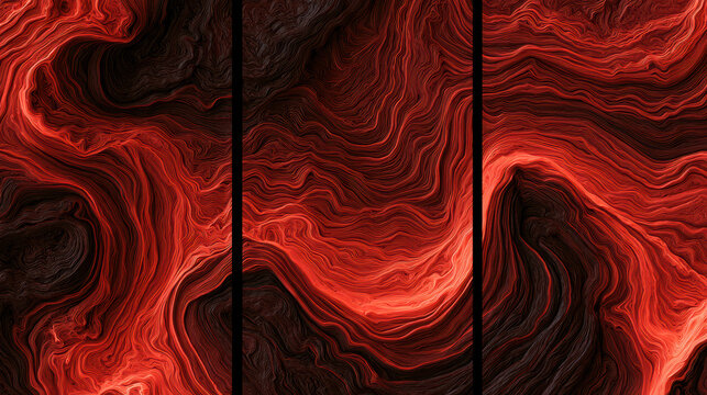 Abstract triptych three panel red swirl black background fluid line marbled texture flowing pattern modern wall art dramatic energy
