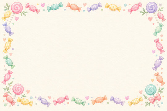 Watercolor candy frame with wrapped sweets and lollipops on cream paper with large copy space
