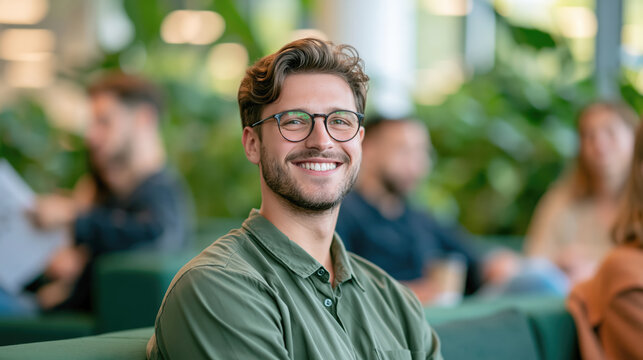 Happy young man with glasses smiling in modern casual office environment