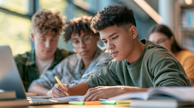 Focused young man studying with notebook and pen at modern library desk
