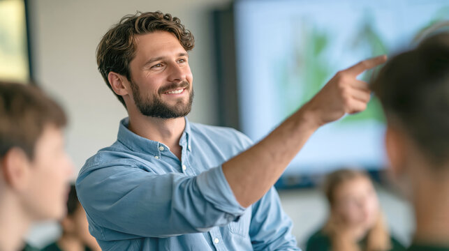 Engaged teacher guiding students during an interactive classroom session promoting focus