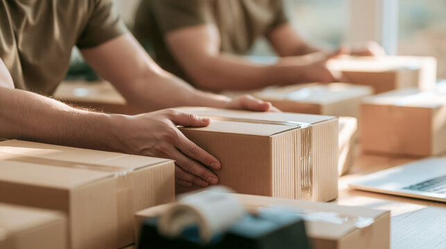 Hands placing cardboard box on table in packaging and shipping process