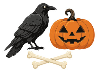 Fototapeta premium Raven with carved pumpkin and crossed bones during spooky night vector illustration