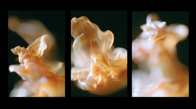 Abstract triptych three panel motion blur fluid orange white dark background Abstract triptych artwork featuring flowing orange and white fluid