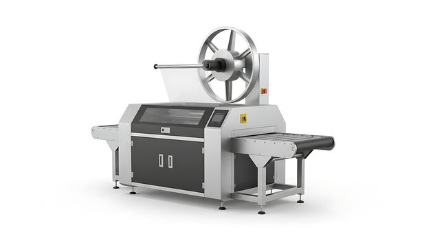 A modern industrial label printing and cutting machine with a large material roll and.