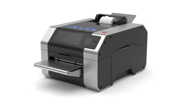 A modern, compact black and silver label printer with blue buttons and a paper roll on a.